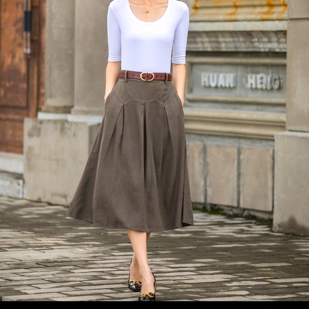 Linen Brown Midi Skirt, High Waist Skirt with Pocket, Fall Spring